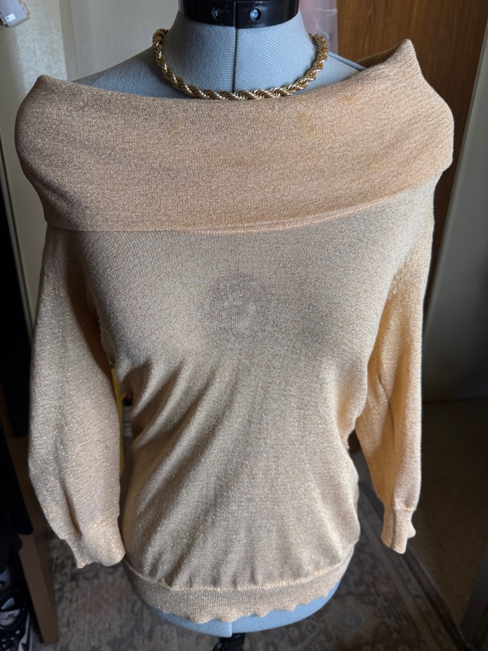 Metallic Gold Off-the-Shoulder Women's Sweater